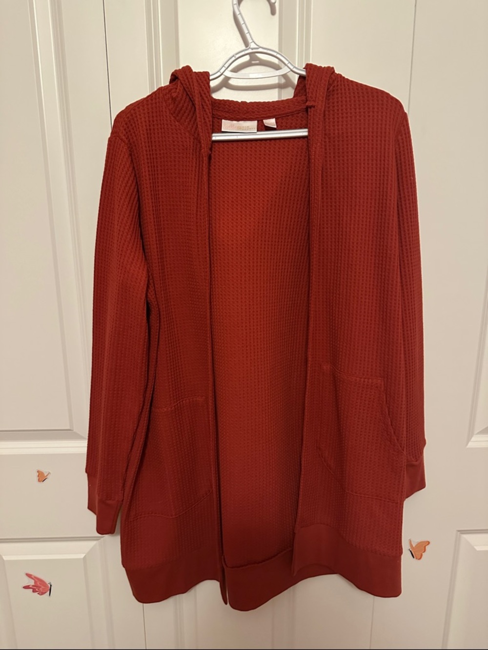 Belle by Kim Gravel Hooded Waffle-Knit Open Cardigan in Rust